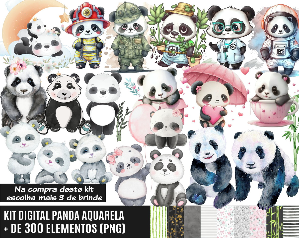 Kit Digital Panda Aquarela + 3 Kits de Imagens de Brinde