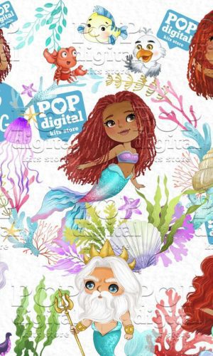 Kit Digital Pequena Sereia Negra Aquarela 06