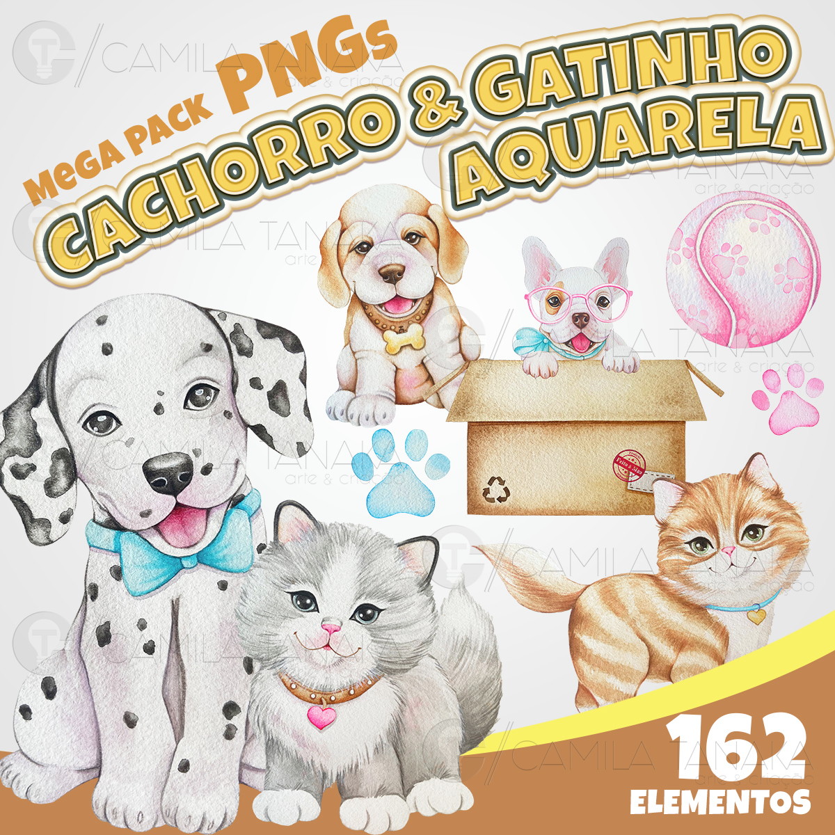 Kit Digital Png Cachorro e Gatinho Aquarela (pague 1 Leve 3)
