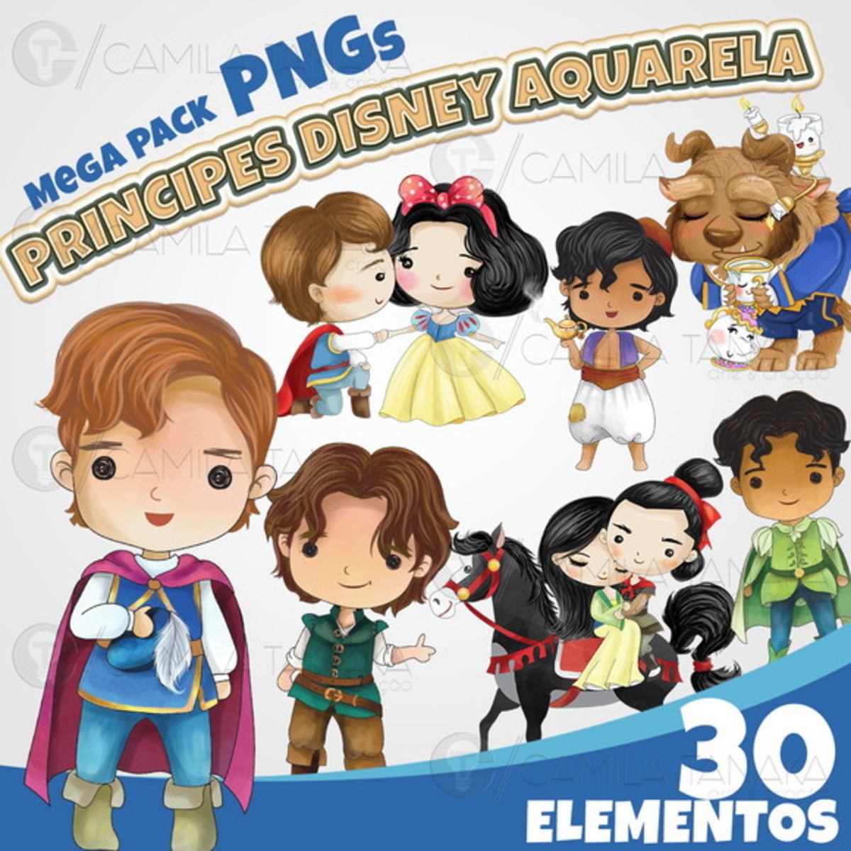 Kit Digital Principe Disney Aquarela Cute (pague 1 Leve 3)