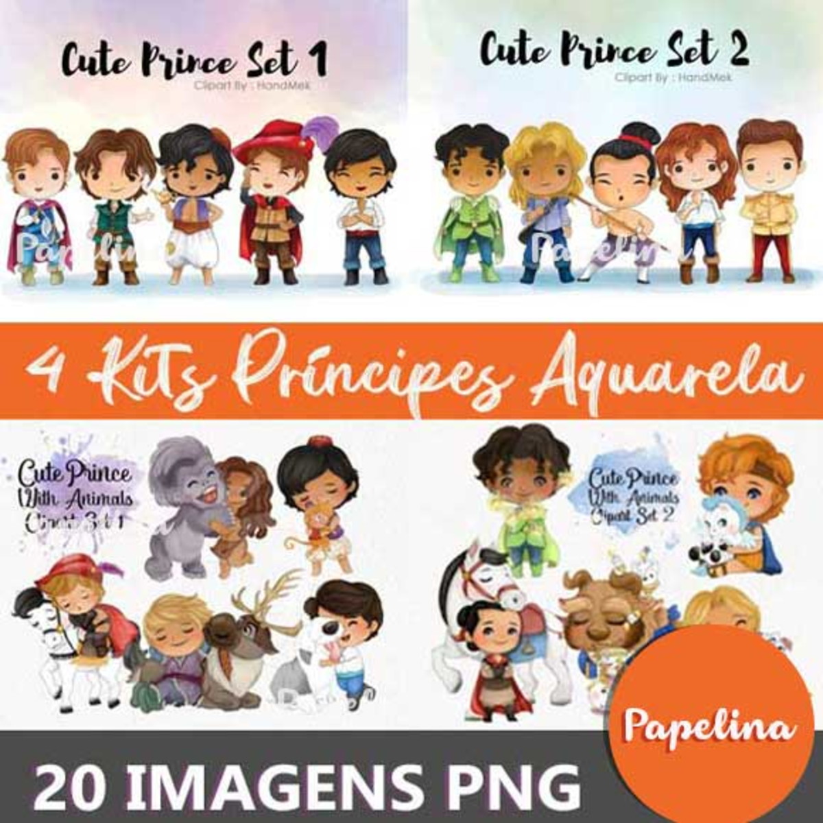 Kit Digital Príncipes Disney Cute Aquarela (4kits)