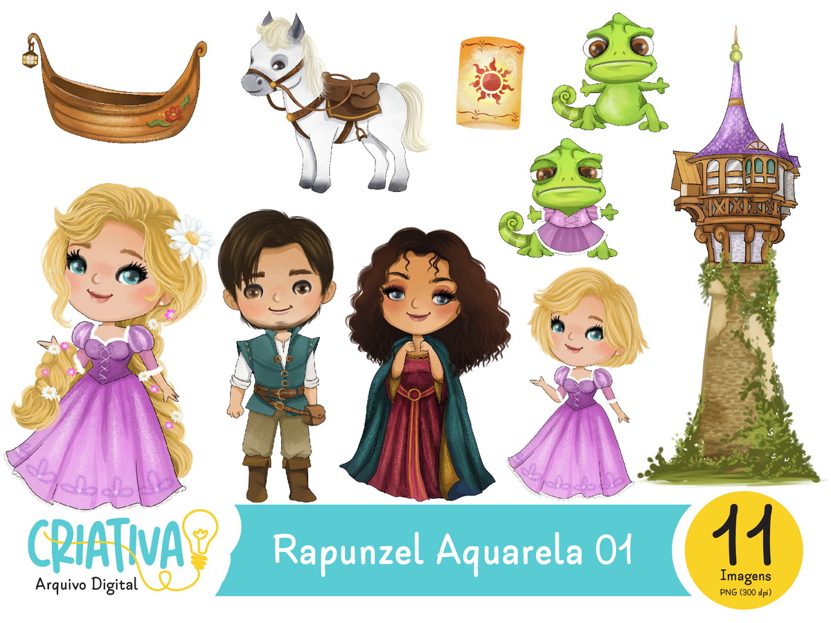 Kit Digital - Princesa Rapunzel Aquarela 01