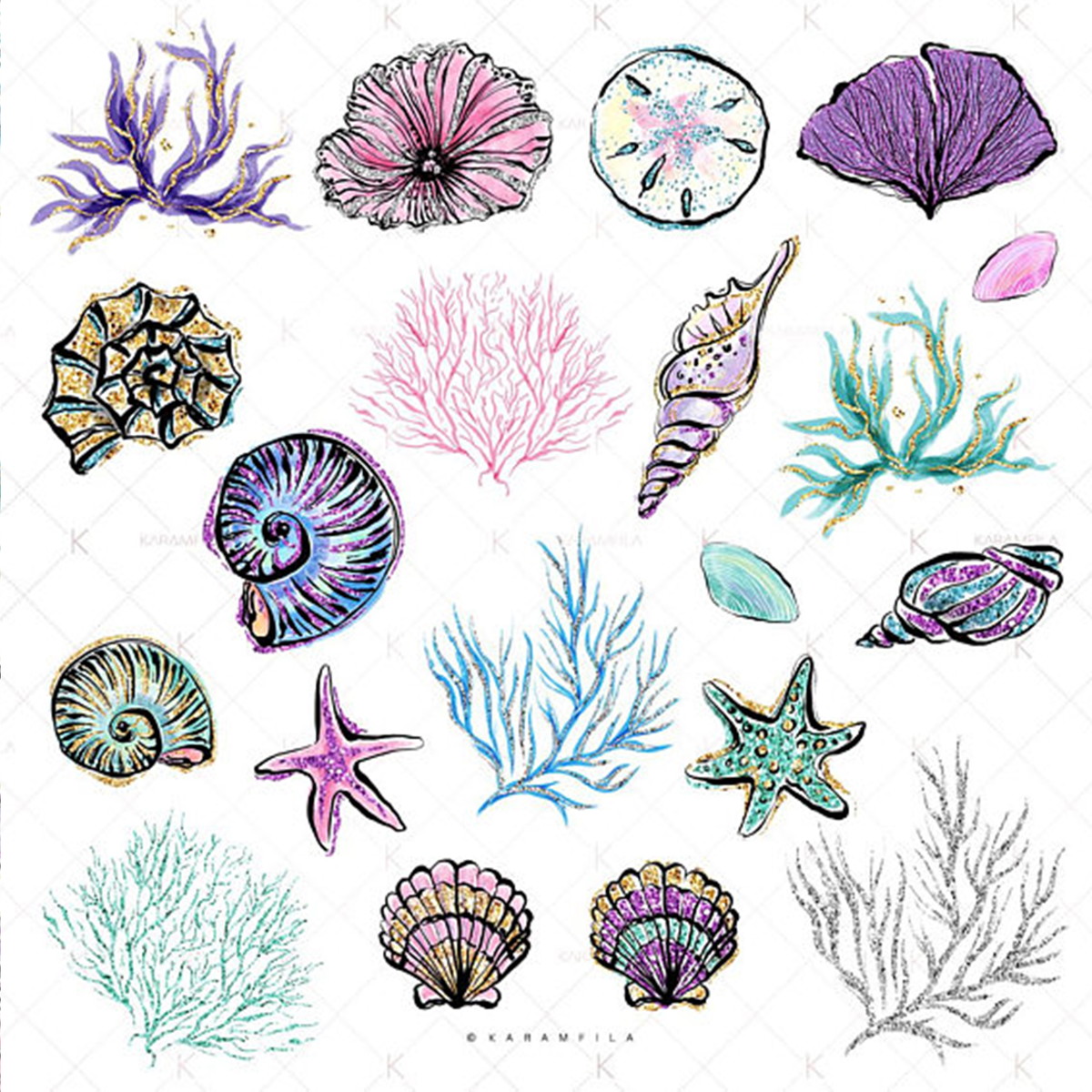 Kit Digital Sereia Mar Praia Aquarela 40 Arquivos PNG - C.54 - Imagem 3