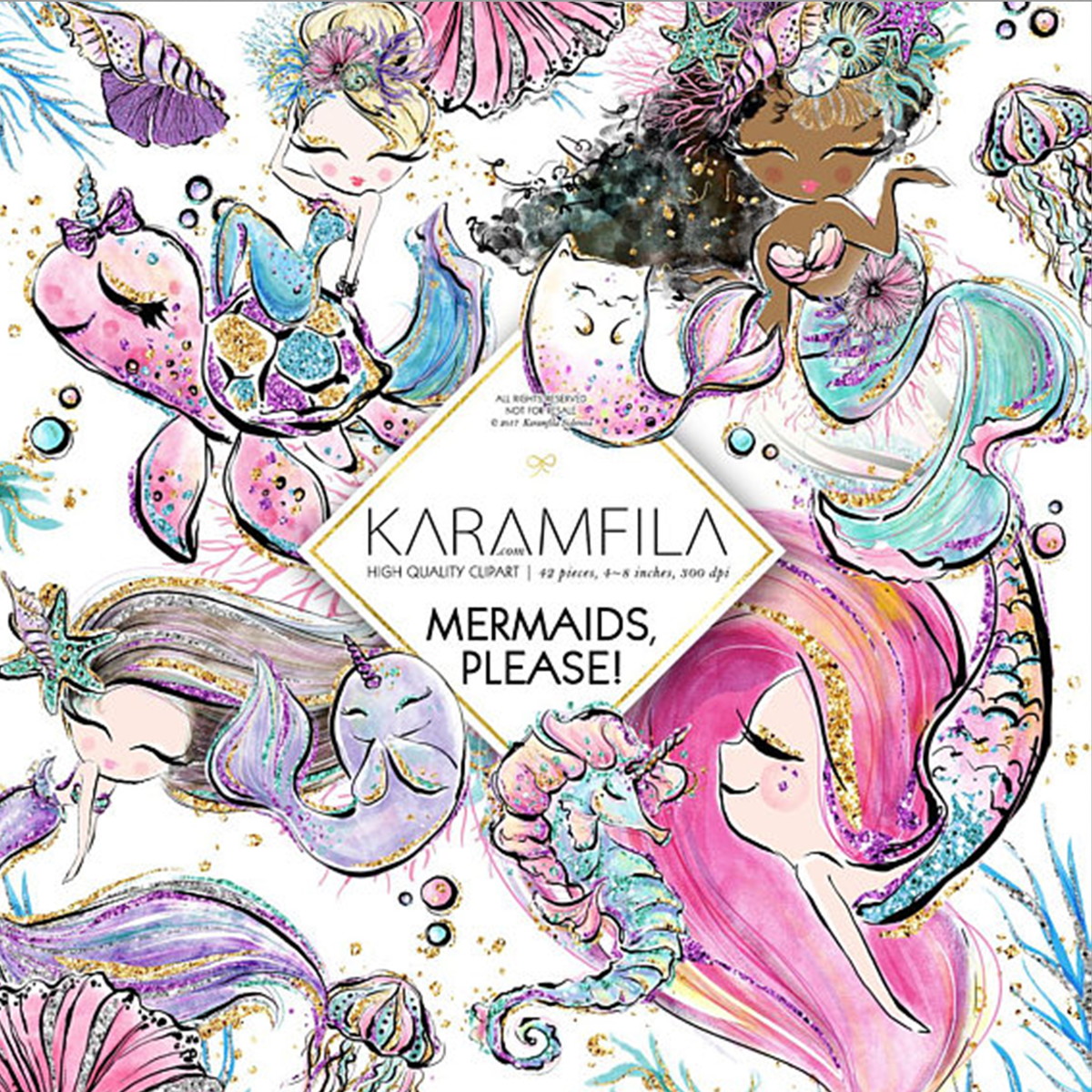 Kit Digital Sereia Mar Praia Aquarela 40 Arquivos PNG - C.54