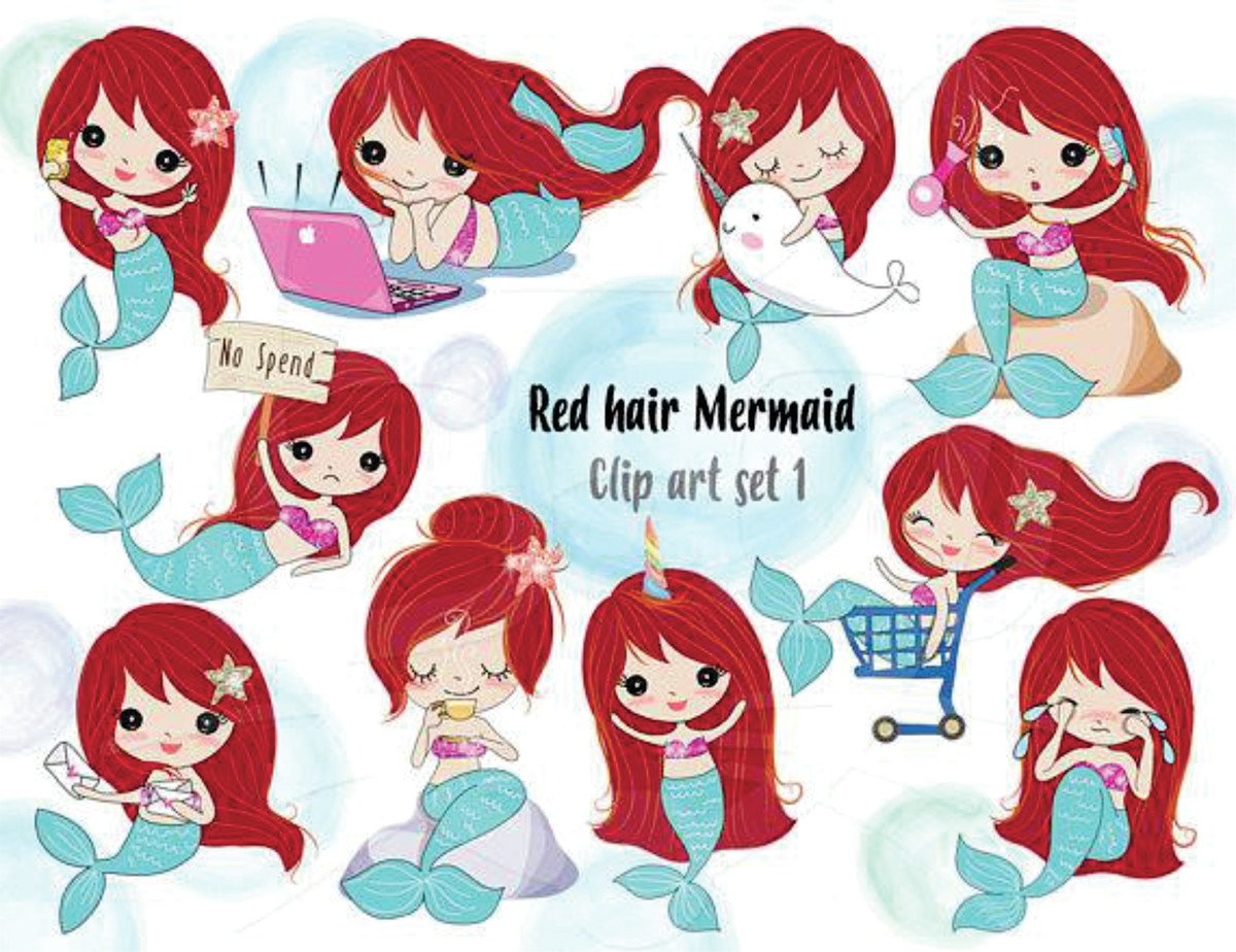 Kit digital Sereia Ruiva aquarelado