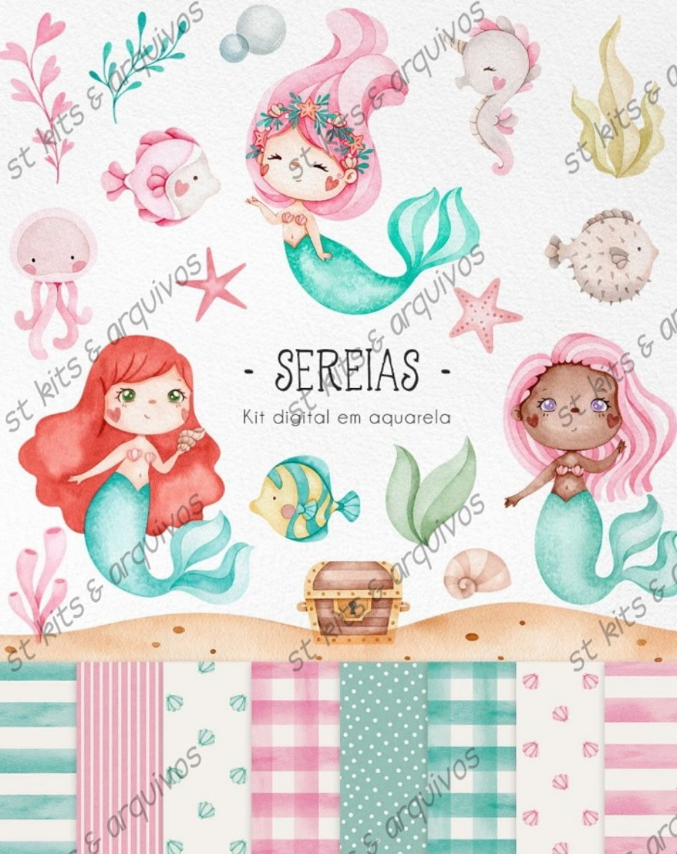 Kit Digital Sereias em Aquarela