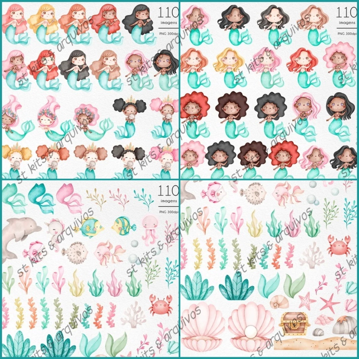 Kit Digital Sereias em Aquarela - Imagem 2
