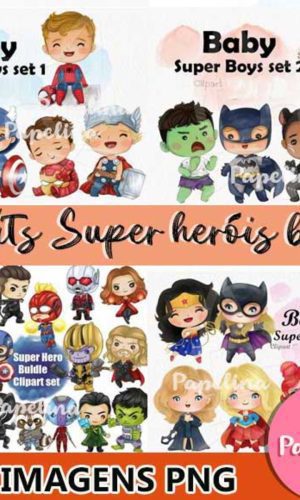 Kit Digital Super Heróis Baby Cute Aquarela (4 Kits)