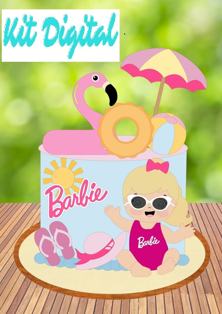 Kit Digital Topo de Bolo Barbie na Piscina