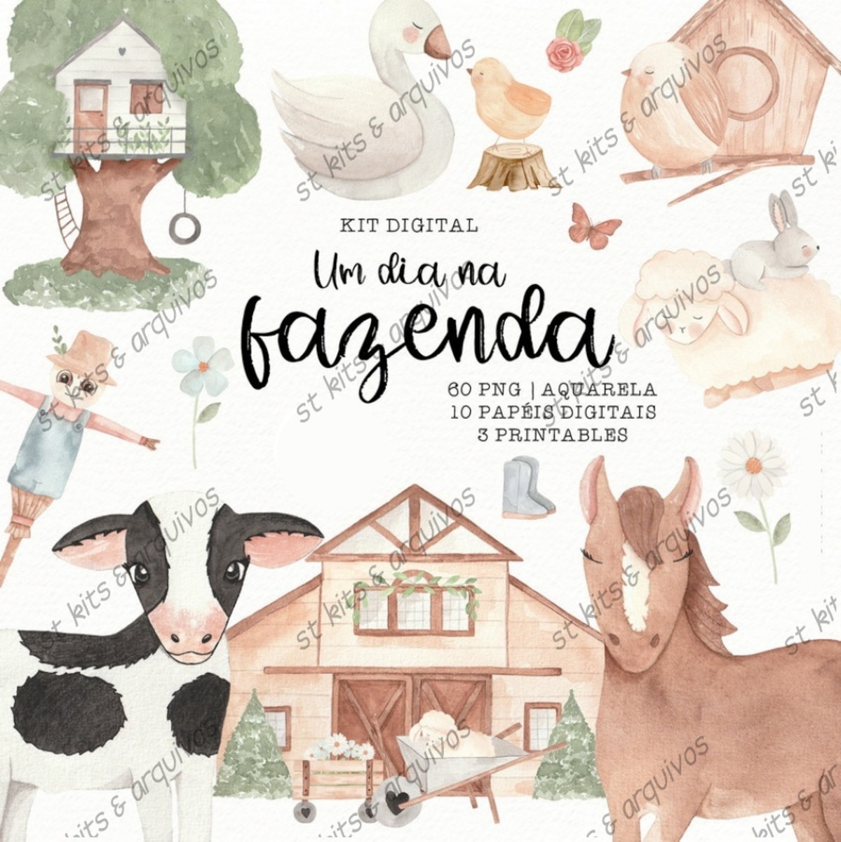 Kit Digital Um Dia na Fazenda em Aquarela
