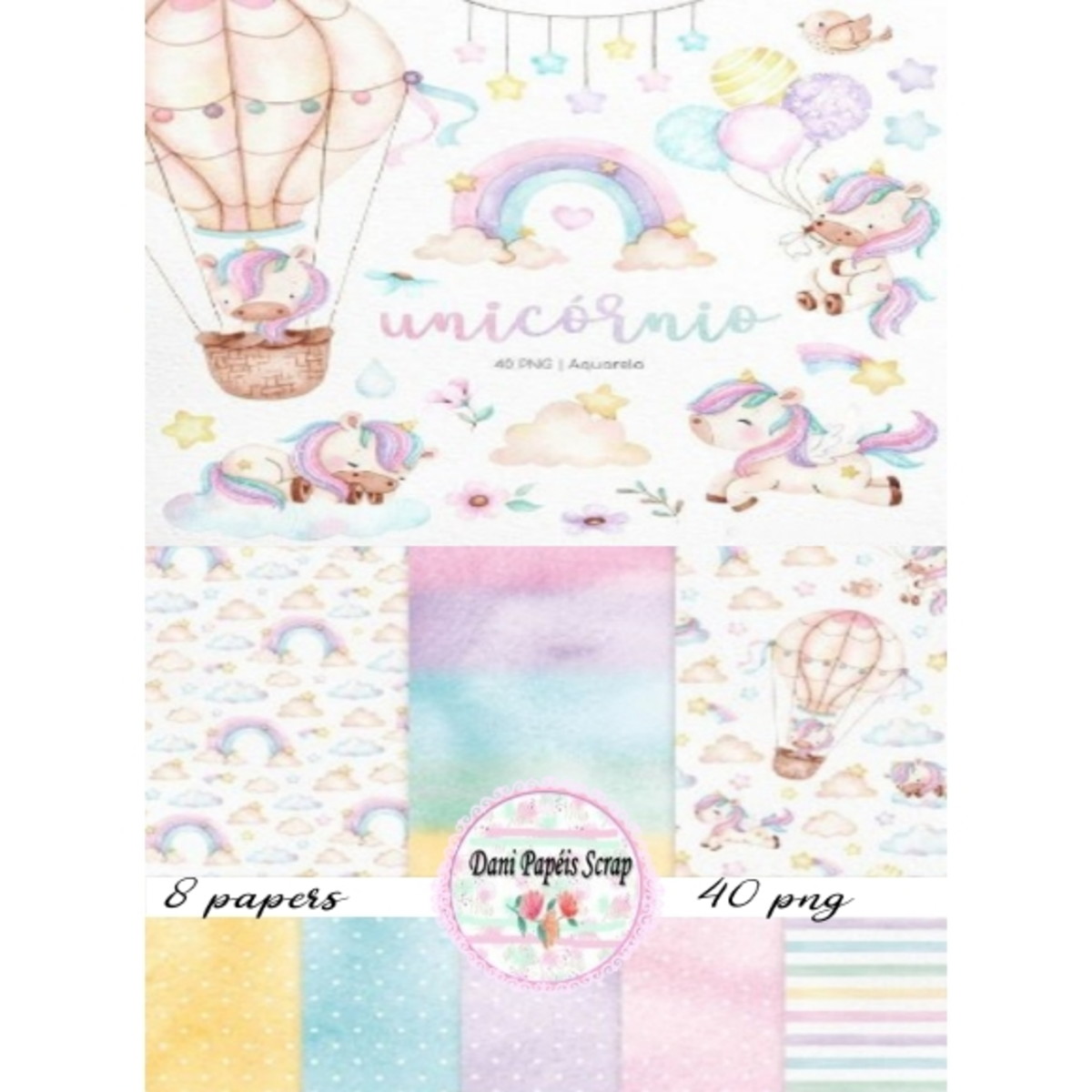 Kit Digital Unicórnio Colorido Aquarela