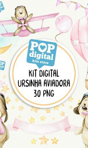 Kit Digital Ursinha Aviadora Baloeira Aquarela