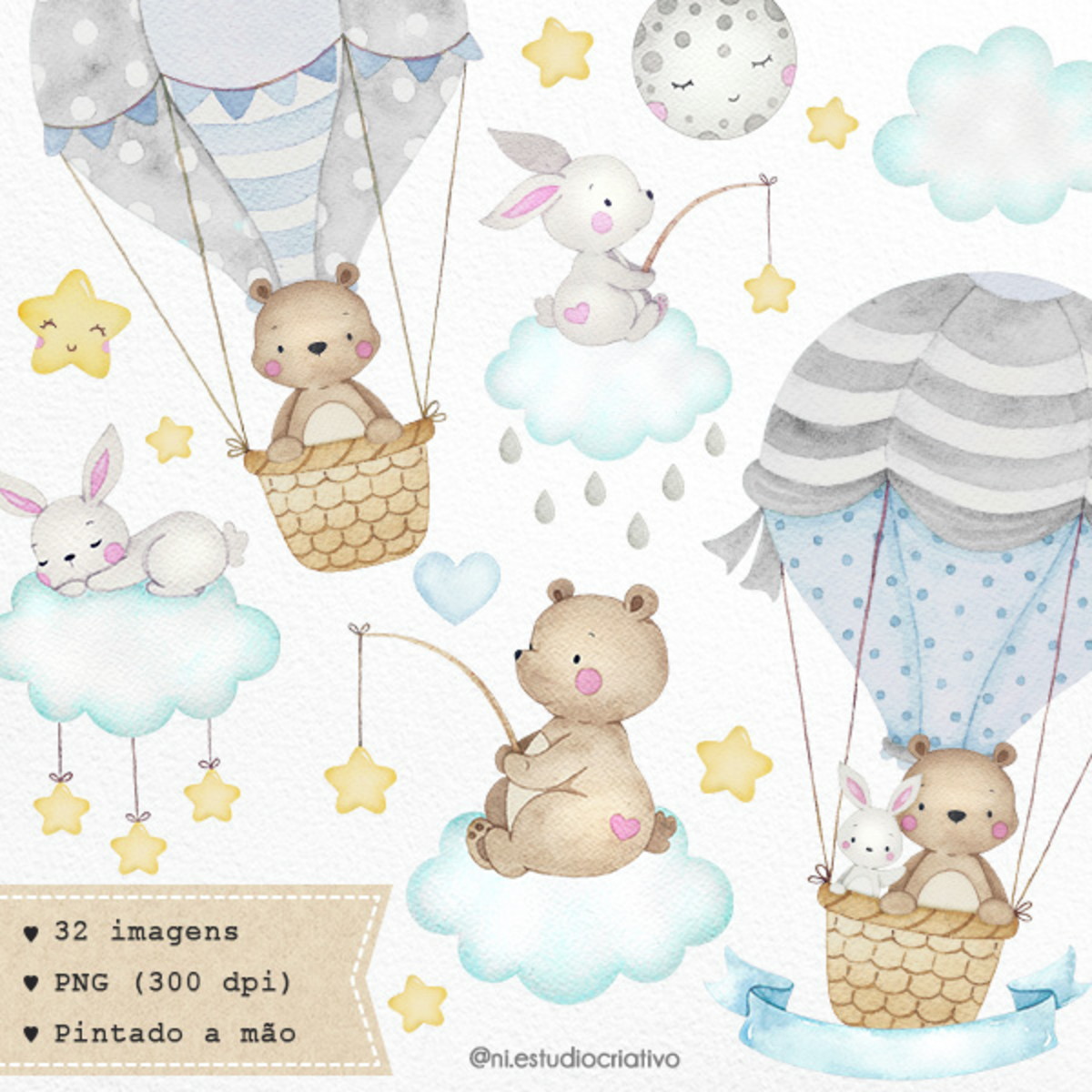 Kit Digital - Ursinho Baloeiro Aquarela - Cinza e Azul Bebê