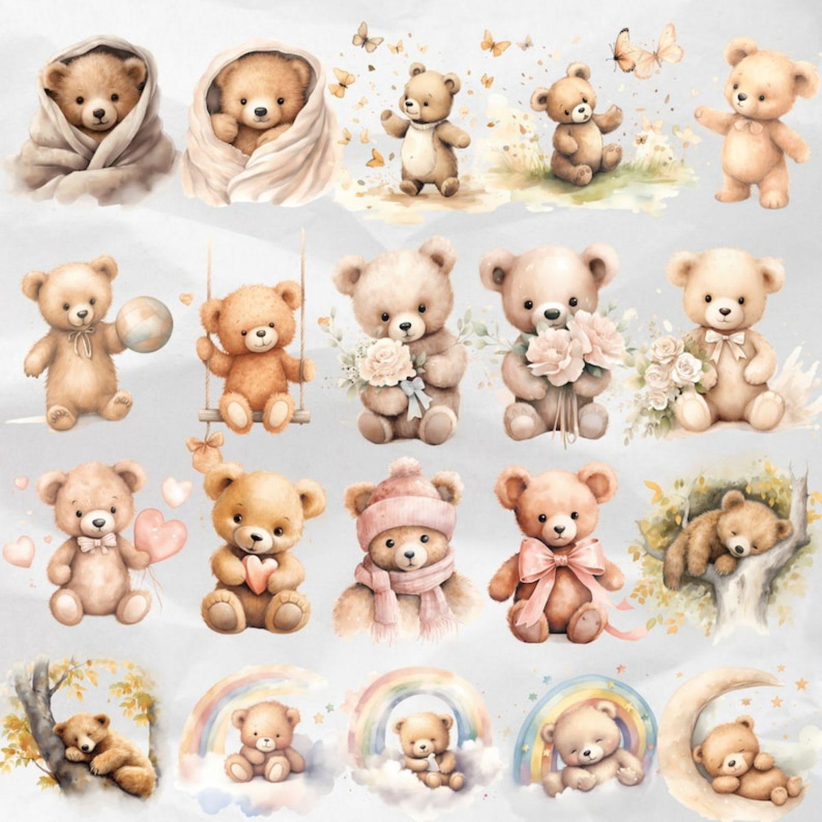 Kit Digital Ursinho Cute Aquarela Premium - Cute Teddy Bear - Imagem 2