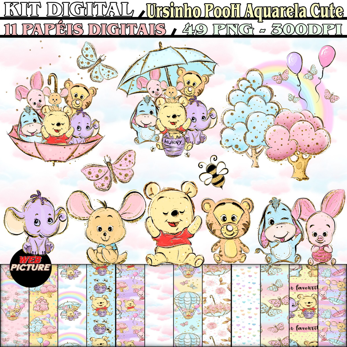 Kit Digital Ursinho Pooh Aquarela Cute