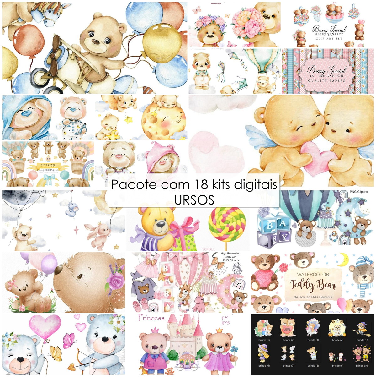 Kit Digital Ursos (pacote com 18 Kits)