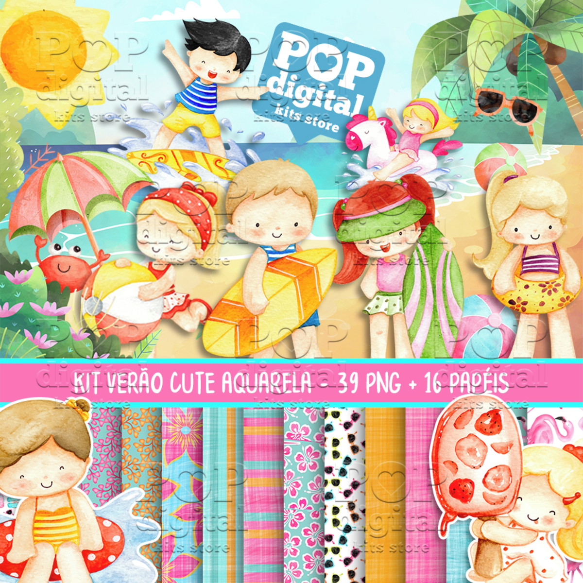 Kit Digital Verão Cute Aquarela