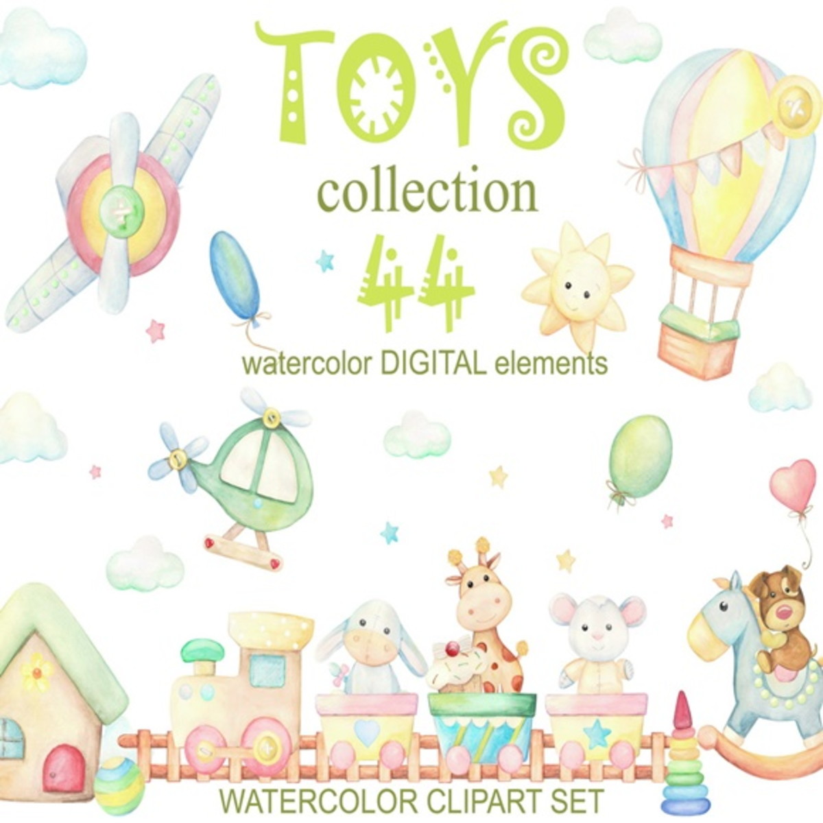 Kit Papel Digital brinquedos aquarela