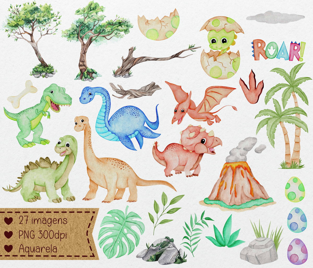 Kit Papel Digital Dinossauro Aquarela Feito a Mão - Imagem 2