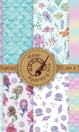 Kit Papel Digital Sereia Fundo do Mar Aquarela Feito a Mão