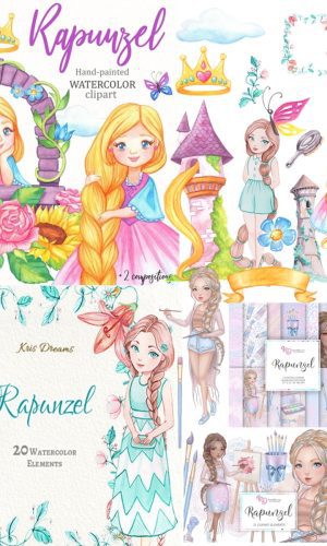 Kit scrapbook digital aquarela rapunzel