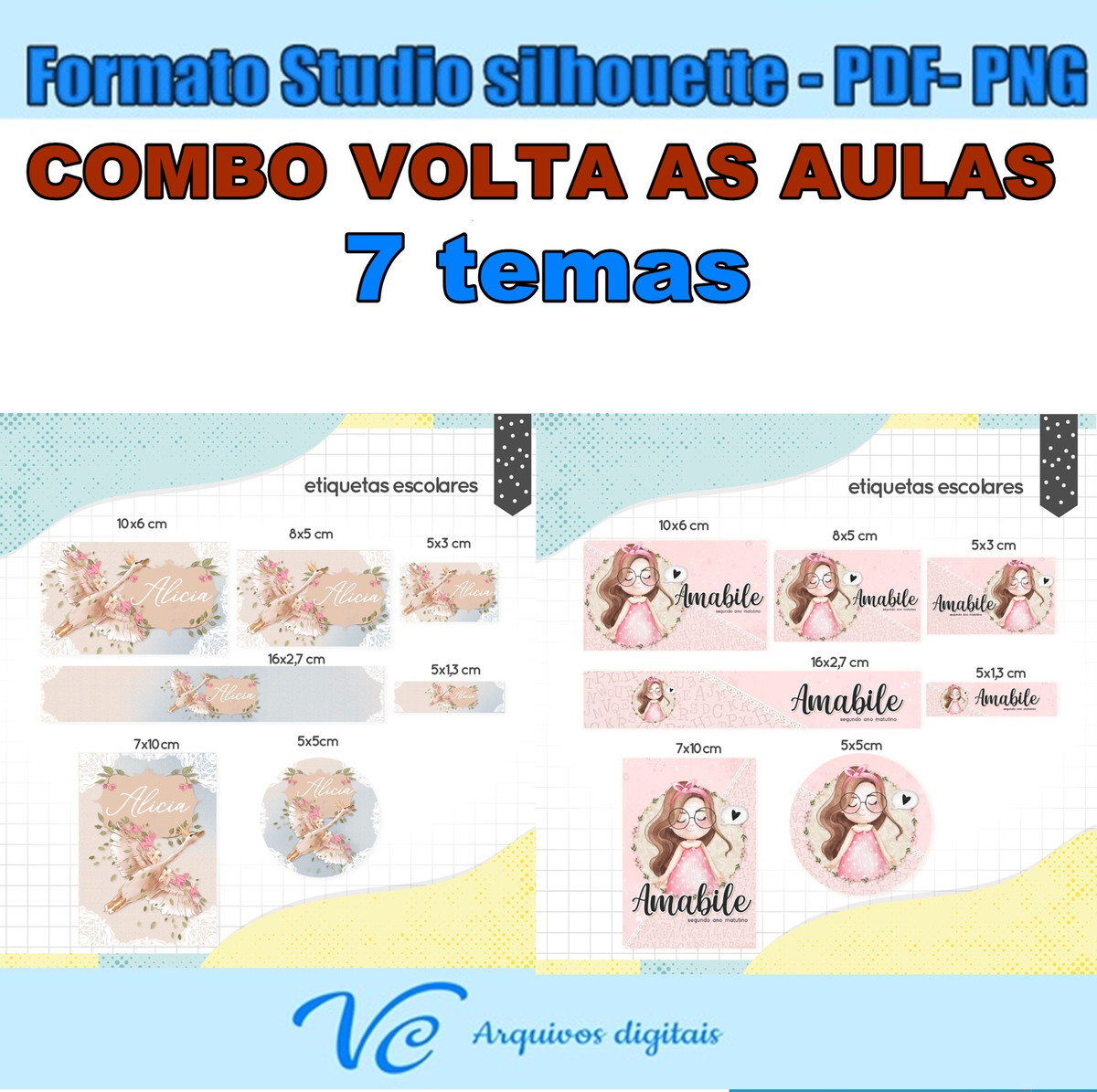 M601- COMBO Etiqueta Escolar -Arquivo de corte-7 TEMAS