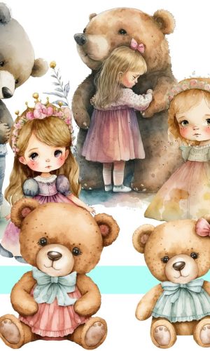Menina e Ursinhos Aquarela Kit Digital Reef: 831