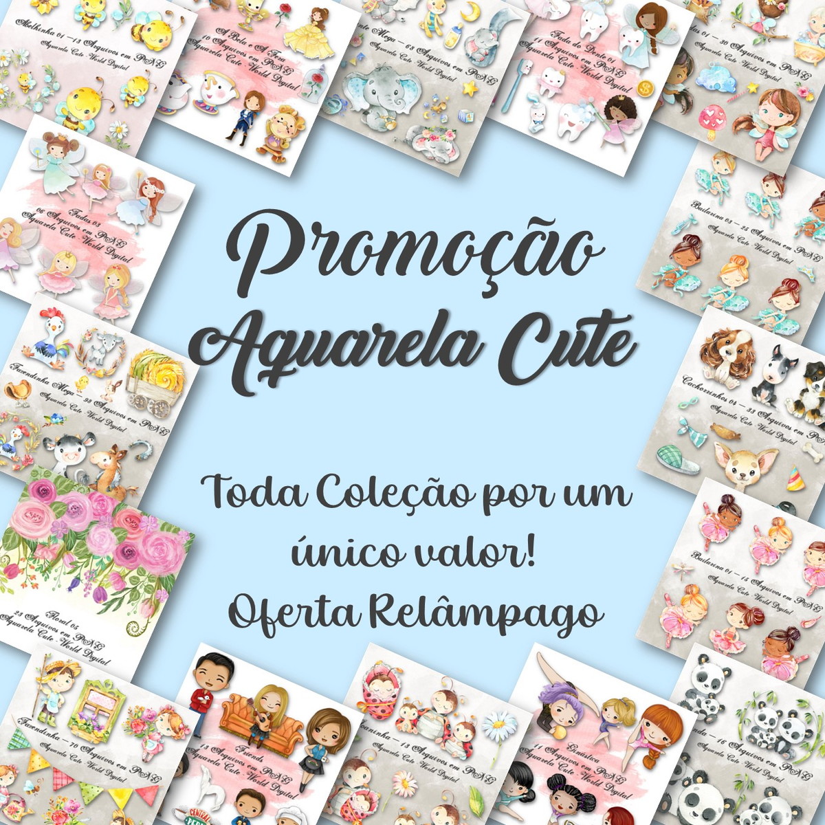 Pacote Completo de Kit Arquivo Digital em Png Aquarela Cute