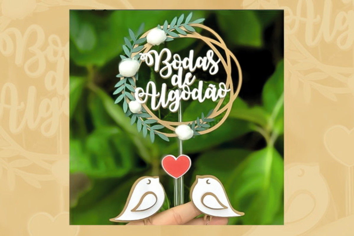 Topo de Bolo Bodas de Algodão - Arquivo Digital