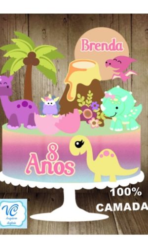 Topo de Bolo Dinossauro Menina - CAMADAS -Arquivo de Corte