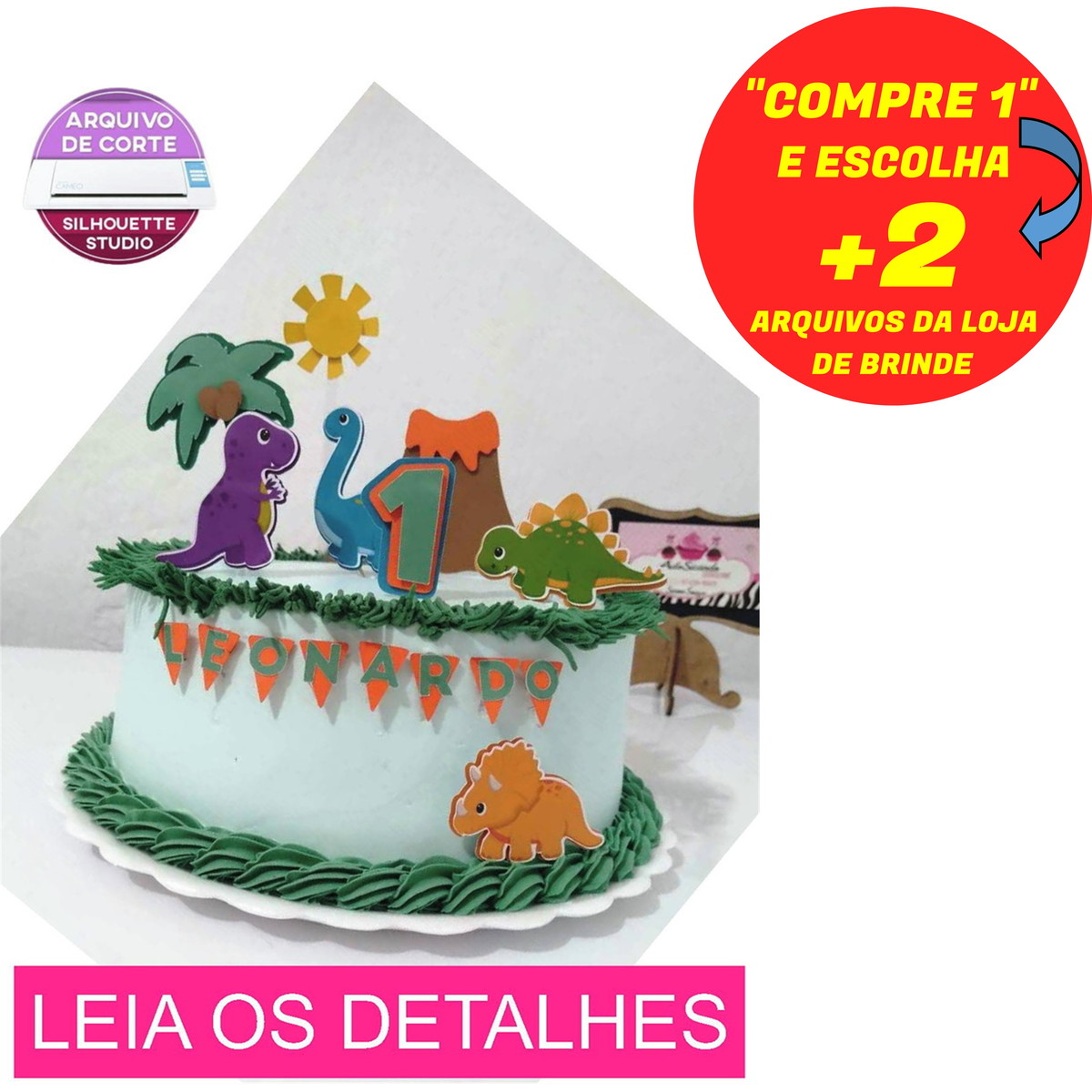 Topo de Bolo Dinossauros em Camadas (Máquina Silhouette)