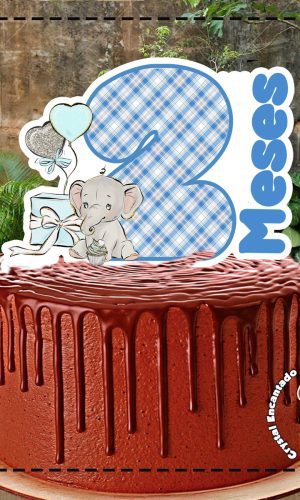 Topo de Bolo Elefante Azul 2 Meses - 4424 Arquivo Digital