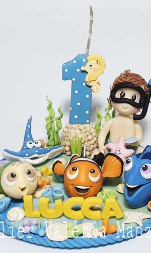 Topo de Bolo Menino Mergulhador com Nemo e Dory