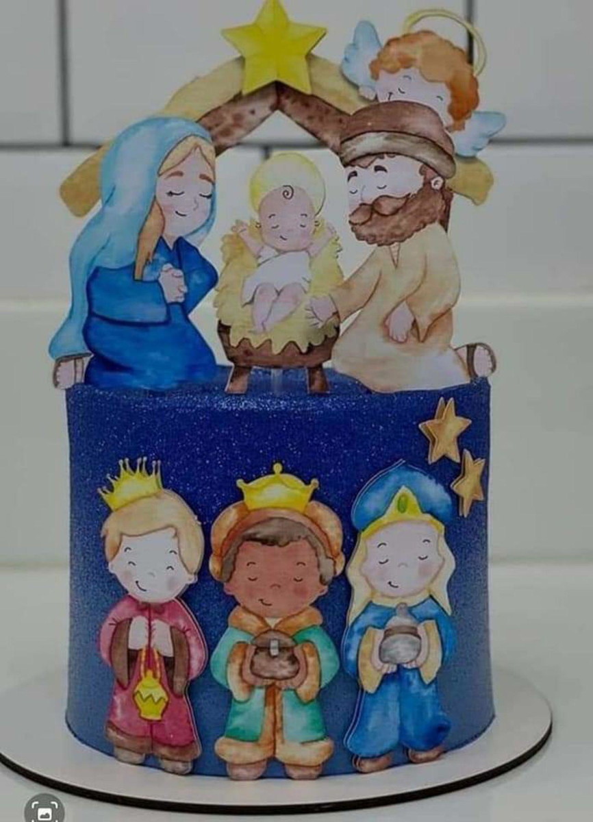 Topo de Bolo Presépio Aquarela + 4 Arquivos a Sua Escolha