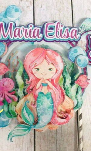Topo de Bolo Sereia Aquarelado + 4 Arquivos a Sua Escolha