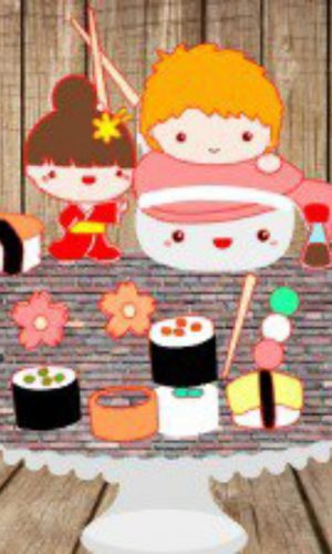 Topo de Bolo Sushi Cute + 4 Arquivos a Sua Escolha