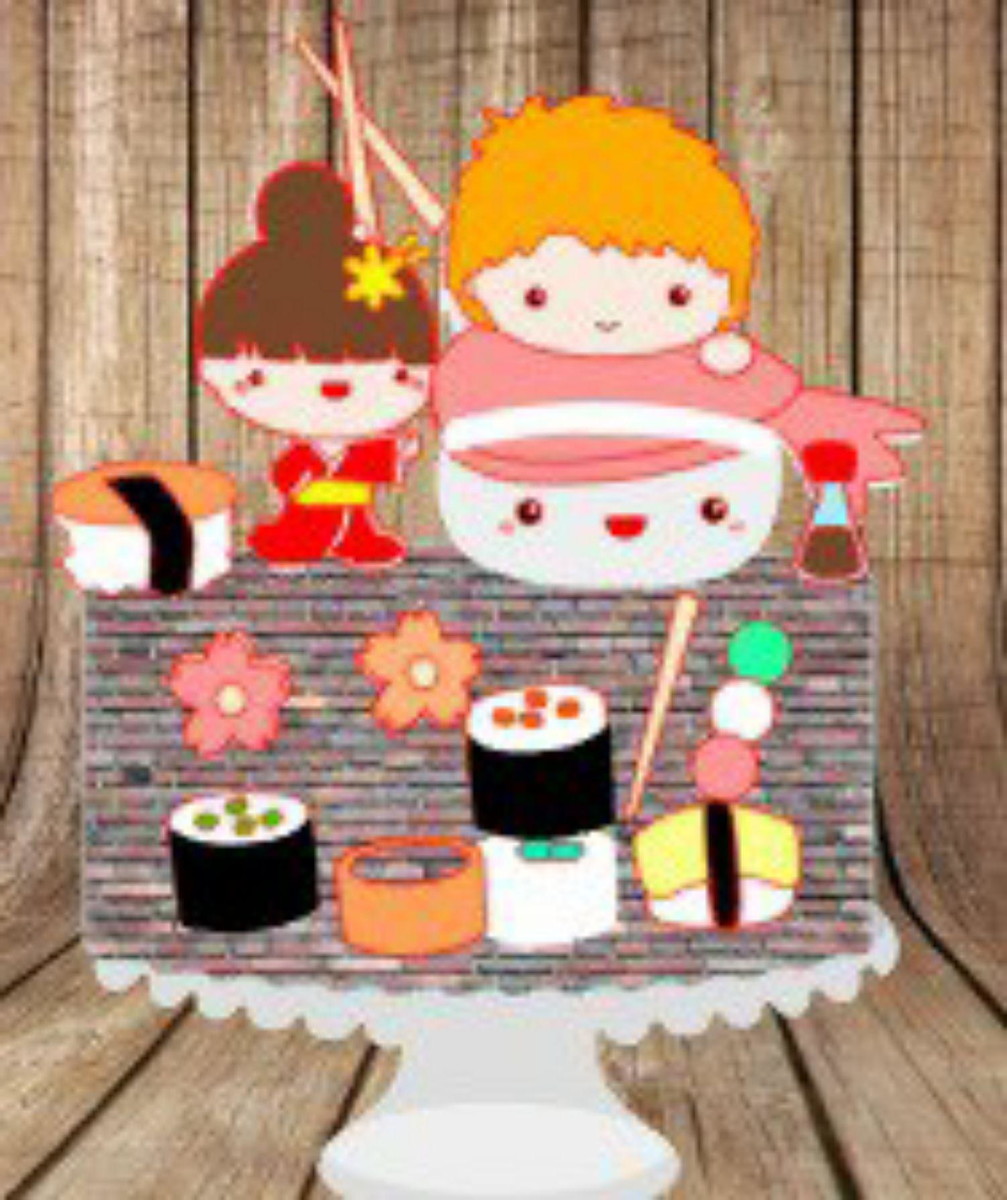 Topo de Bolo Sushi Cute + 4 Arquivos a Sua Escolha