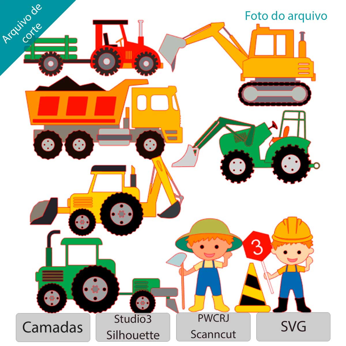 ARQUIVO Topo de bolo Tratores Obra e Fazenda camadas +1 tema - Imagem 2