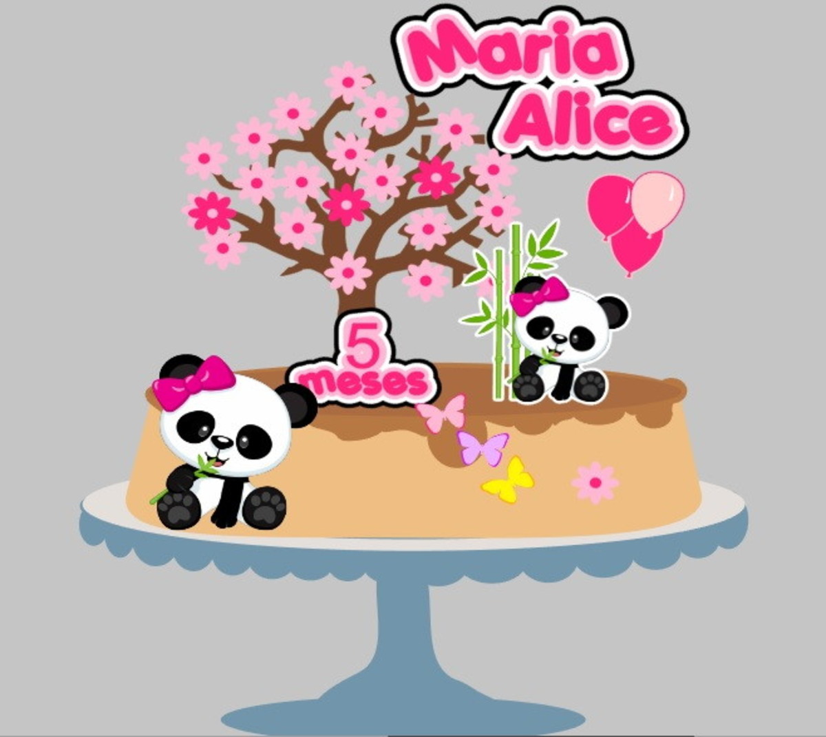 Topo Panda com Laço Balões e Borboletas + 4 Arquivos Brinde