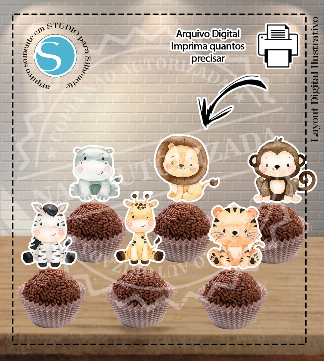 KIT TOPPERS SAFARI AQUARELADO - ARQUIVO DIGITAL