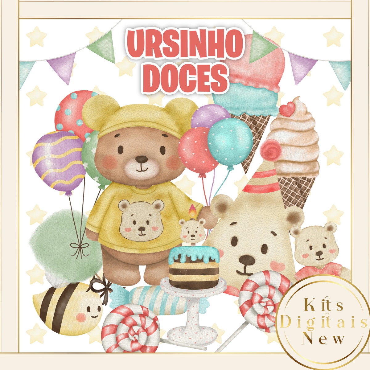 URSINHO DOCES ANIVERSÁRIO AQUARELA KIT DIGITAL