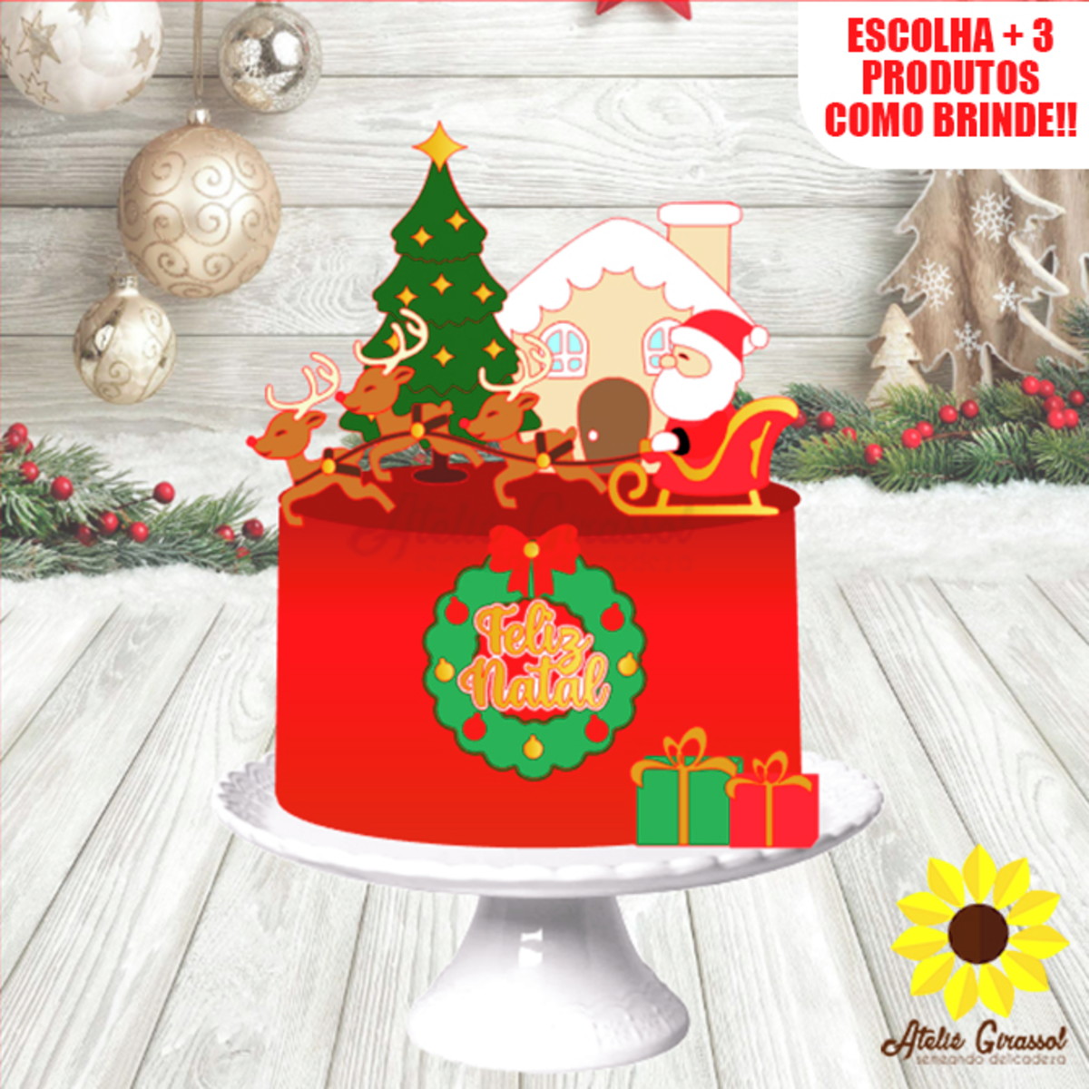 002 Arquivo de Corte Topo de Bolo Natal Ganhe +3 Produtos