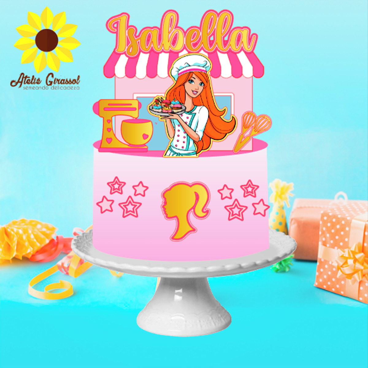 011 Arquivo Topo de Bolo Barbie Ruiva Confeiteira Ganhe +3