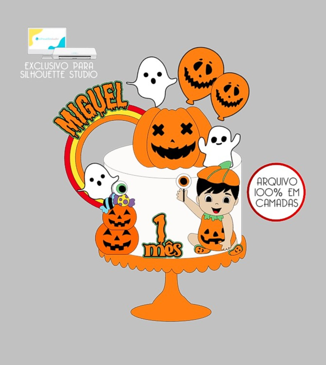 132 - Arquivo Topo de Bolo Halloween Menino Abóbora