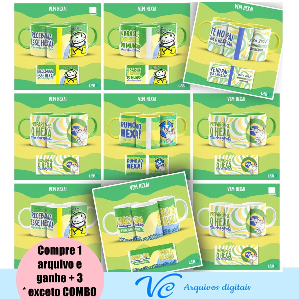 465- Kit Digital Sublimação Caneca Flork Copa Hexa -9 Artes