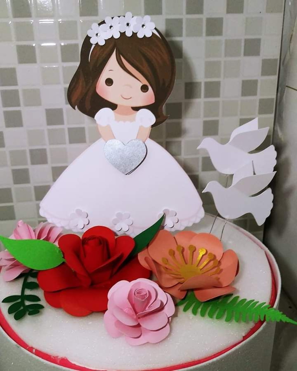 Arquivo De Corte Topo Bolo Menina Com Rosas Pombas