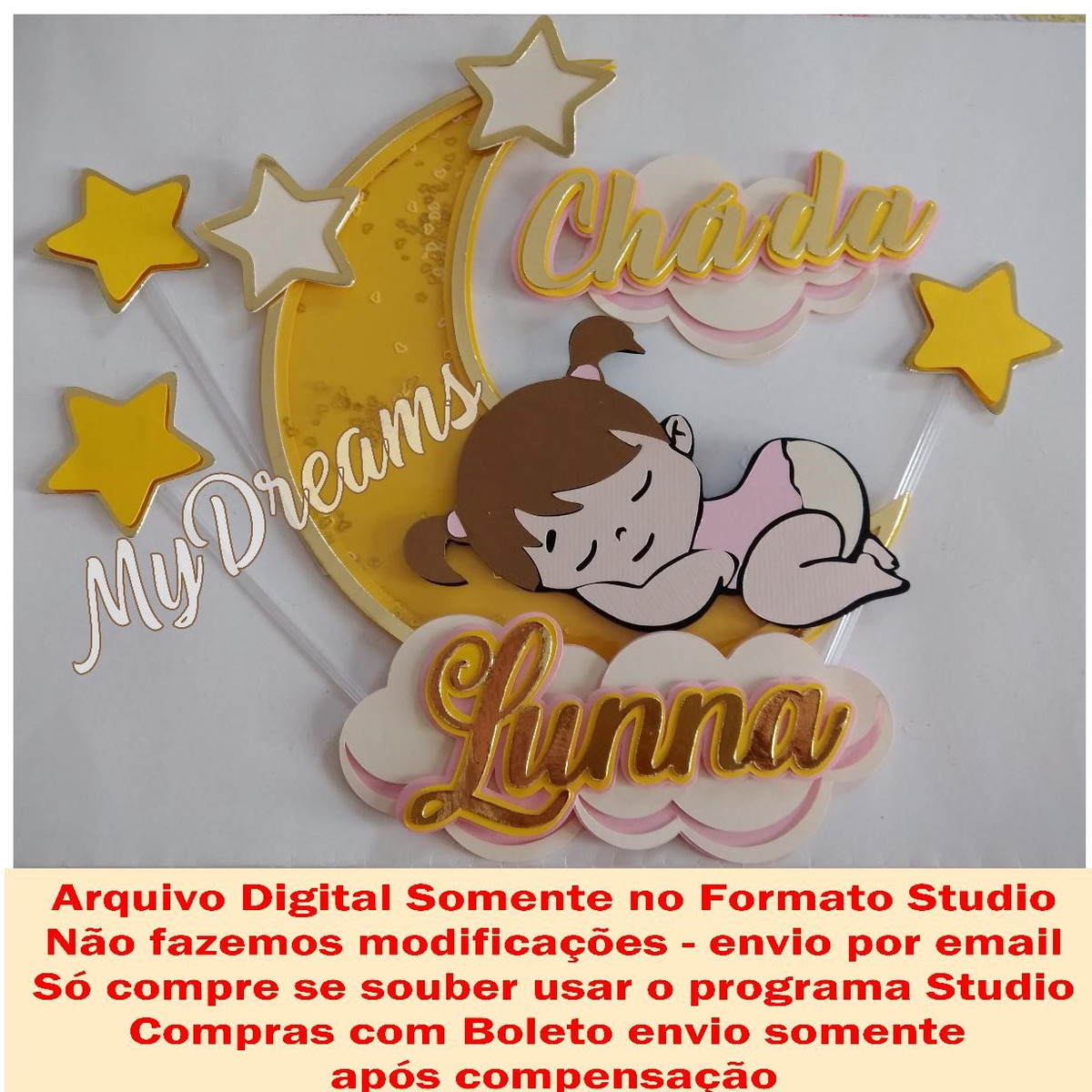 ARQUIVO DE CORTE - TOPO DE BOLO CHÁ BEBÊ MENINA LUA REF 101 - Imagem 2
