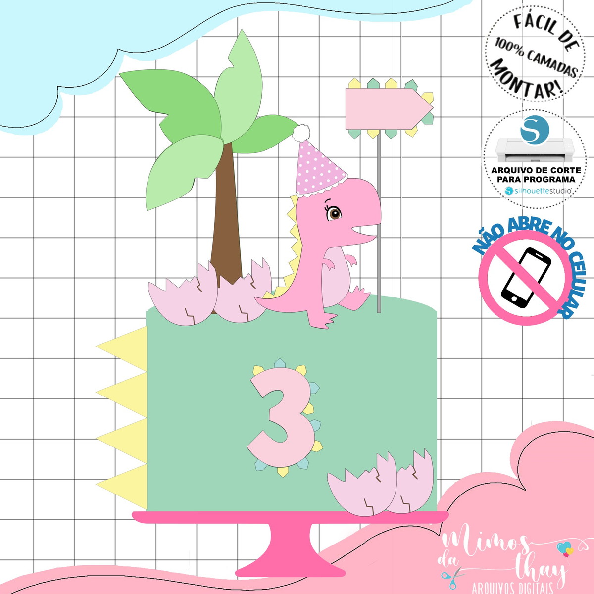 Arquivo de Corte: Topo de Bolo Dinossauro Cute Rosa 039