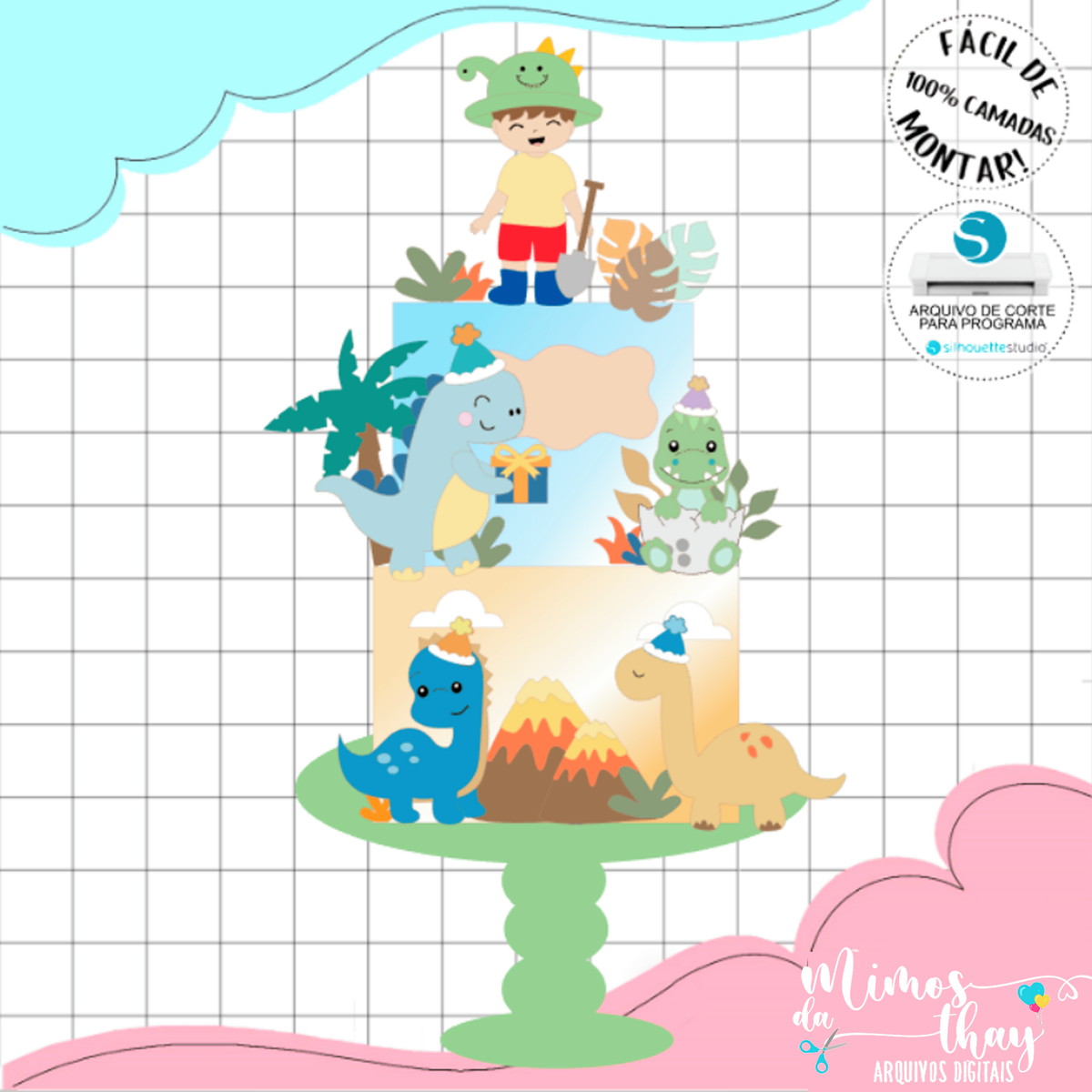 Arquivo de Corte: Topo de Bolo Dinossauro Menino Cute 022