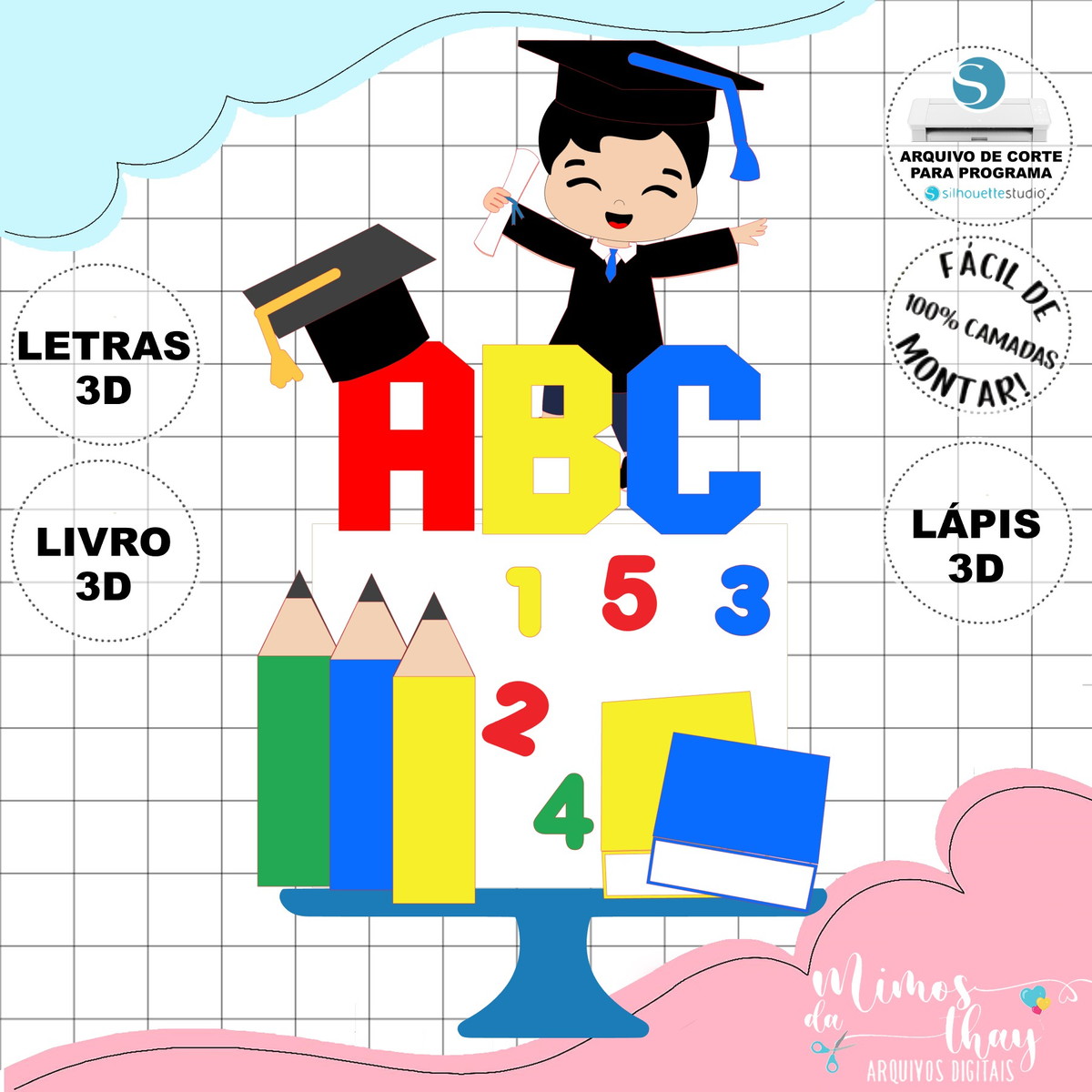 Arquivo de Corte: Topo de Bolo Formatura Abc Menino 3d 021